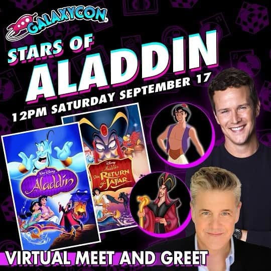 スコット・ウェインガーのインスタグラム：「On Saturday, September 17th at 12:00pm EST meet the cast of Aladdin @galaxyconlive! Join in One-to-One Video Chats and Get Personalized Autographs! See link in bio!」