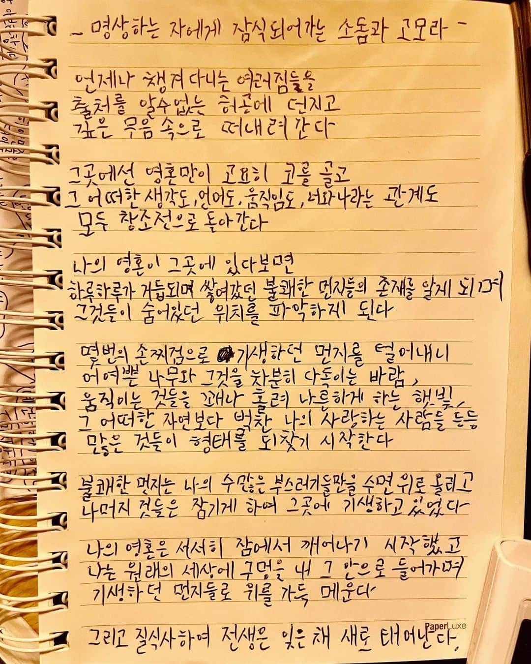 JU-NE（ク・ジュンフェ）のインスタグラム：「명상하는 자에게 잠식되어가는  소돔과 고모라  언제나 챙겨 다니는 여러 짐들을 출처를 알 수 없는 허공에 던지고 깊은 무음 속으로 떠내려간다  그곳에선 영혼만이 고요히 코를 골고 그 어떠한 생각도, 언어도, 움직임도, 너와 나라는 관계도 창조전으로 돌아간다  나의 영혼이 그곳에 있다 보면 하루하루가 거듭되며 쌓여갔던 불쾌한 먼지들의 존재를 알게 되며 그것들이 숨어있던 위치를 파악하게 된다  몇 번의 손찌검으로 기생하던 먼지를 털어내니 어여쁜 나무와 그것을 차분히 다독이는 바람, 움직이는 것들을 꽤나 홀려 나른하게 하는 햇빛, 그 어떠한 자연보다 벅찬 나의 사랑하는 사람들 등등 많은 것들이 형태를 되찾기 시작한다  불쾌한 먼지는 나의 수많은 부스러기들만을 수면 위로 올리고 나머지 것들은 잠기게 하여 그곳에 기생하고 있었다  나의 영혼은 서서히 잠에서 깨어나기 시작하고 나는 원래의 세상에 구멍을 내 그 안으로 들어가며 기생하던 먼지들로 위를 가득 메운다  그리고 질식사하여 전생은 잊은 채 새로 태어난다.」