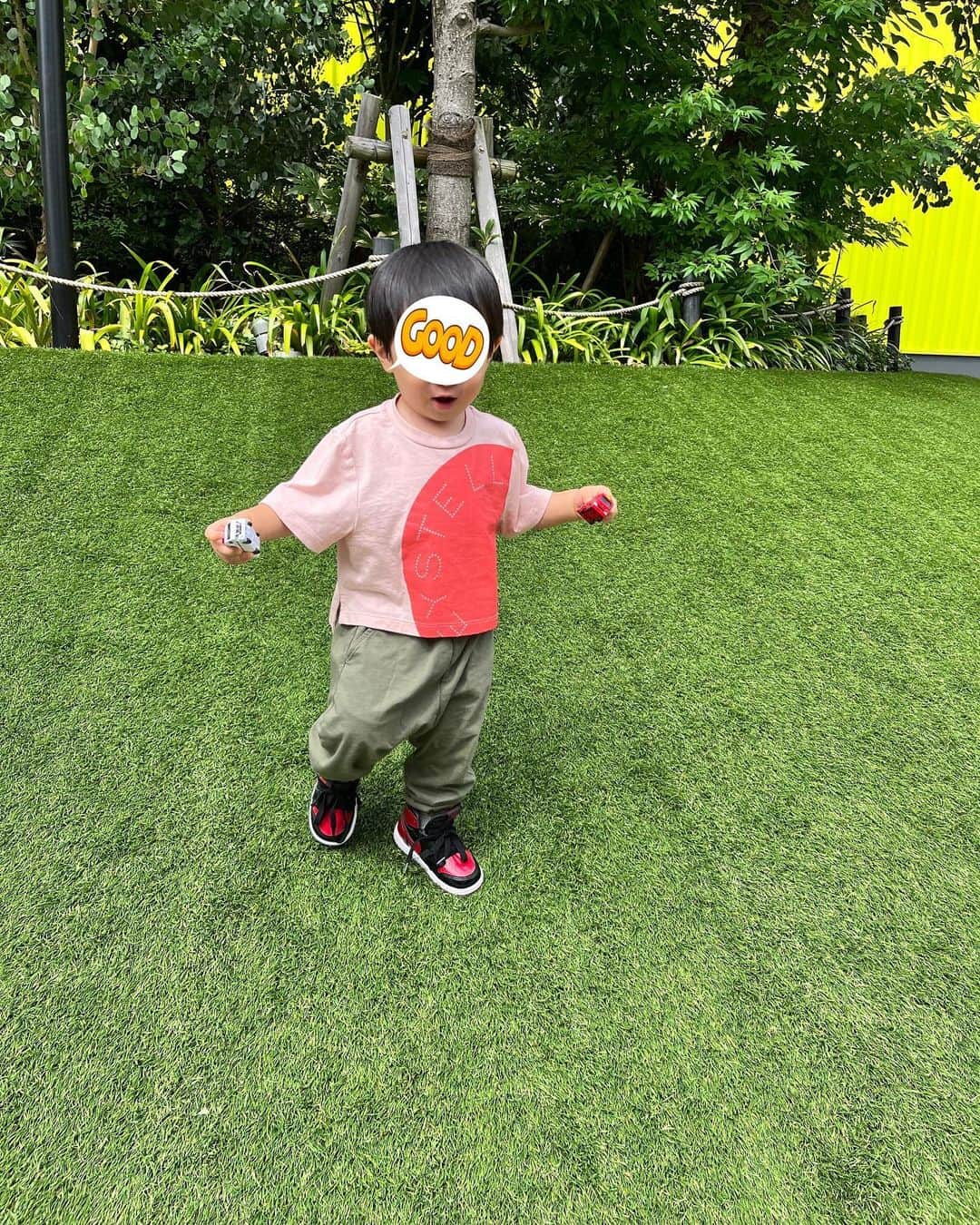 川田裕美のインスタグラム：「動物園も楽しんでいたけど、斜面を駆け上がったり下りたりする方が楽しいみたいでずっと走っていました✨🤣 そしていつでも手にはクルマのおもちゃ🚒🚑」