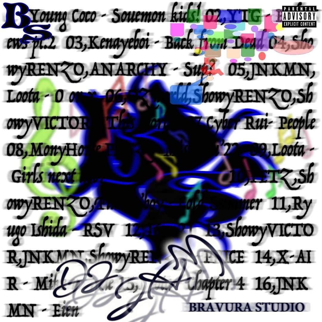 のインスタグラム：「DJ JAM 1st ALBUM 『BRAVURA STUDIO』 2022.09.17(Sat.) release🔥  Tracklist: 01. Souemon kids! (feat. Young Coco) 02. Bad News pt.2 (feat. YTG) 03. Back from dead (feat. Kenayeboi) 04. Sup? (feat. ShowyRENZO & ANARCHY) 05. ○か× (feat. JNKMN & Loota) 06. This World (feat. OZworld, ShowyRENZO & ShowyVICTOR)  07. People (feat. CYBER RUI) 08. Mishuku'22 (feat. MonyHorse & PETZ) 09. Girls next door (feat. Loota) 10. Cold Summer feat. PETZ, ShowyRENZO & Finesse'Boy 11. RSV (feat. Ryugo Ishida) 12. PRICE (feat. ShowyVICTOR, JNKMN & ShowyRENZO) 13. マイクの前 (feat. X-AIR) 14. 21 (feat.16) 15. Chapter 4 (feat. Loota) 16. 永遠 (feat. JNKMN)  Cover art @aoi_industry」
