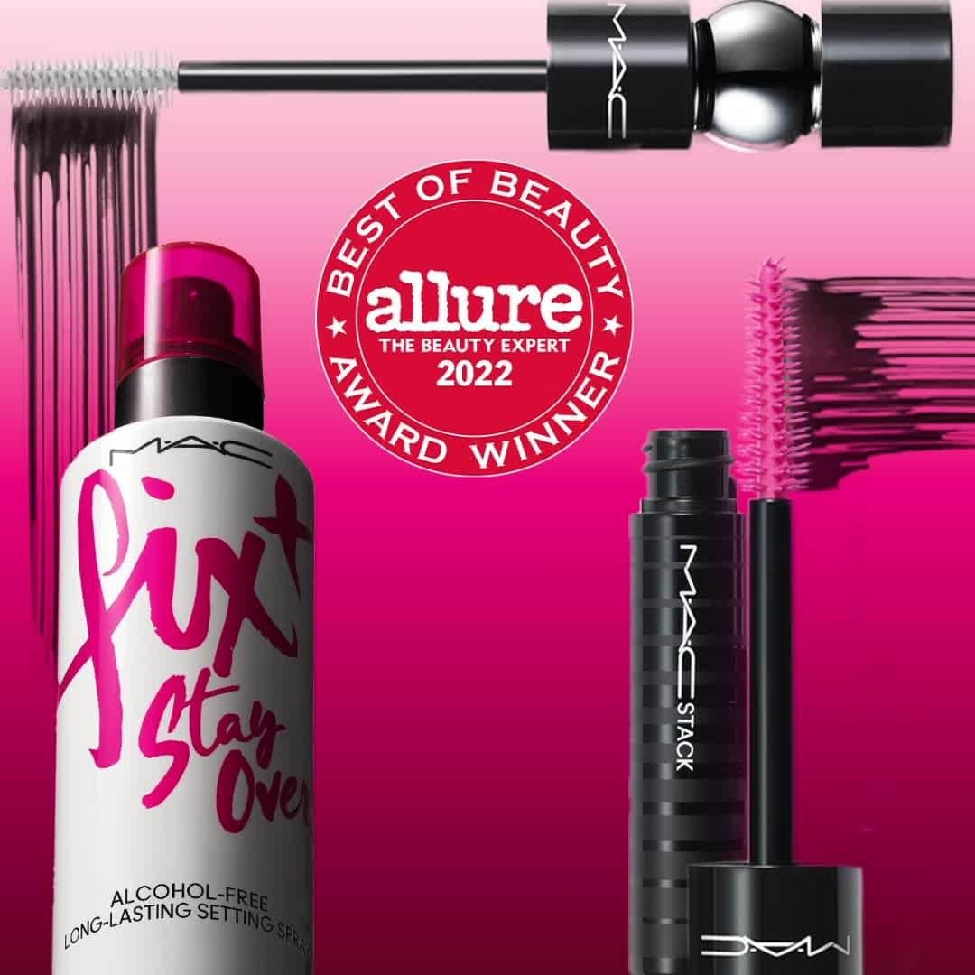 メイクアップアートコスメティックスのインスタグラム：「🏆THE RESULTS ARE IN🏆! Not one – but TWO – new M·A·C innovations have won @Allure’s highly prestigious Best Of Beauty Awards this year. Learn more about the icons that have taken the beauty industry by storm overnight – and get yours:  🏆M·A·CStack Mascara: Our mega-viral, continuously buildable mascara that layers on infinite lash volume and length with two tailored brush sizes. 🏆Fix+ Stay Over Alcohol-Free 16HR Setting Spray: Our revolutionary, alcohol-free setting spray that hydrates skin, protects against blue light and locks in your look for 16 whole hours.  #MACStackMascara #MACFixPlus #MACFixPlusStayOver #Allure #AllureMagazine #AllureBestOfBeauty」