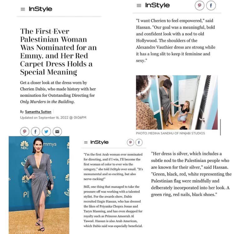 チェリーン・ダビスのインスタグラム：「Thank you @instylemagazine for this glorious coverage and peek behind-the-scenes of the phenomenal work of powerhouse stylist @engiestyle  ❤️🙏🏽  📸 by @ninjabistudios and @artsarchy_   #styledbyengiestyle #palestinian #arabwomen #emmys #emmys2022   Repost from @engiestyle • Thank you @instylemagazine for this Milestone interview: the Headline alone gives me chills! 🥹🙏🏼 Featuring 1st nominated Palestinian Director @cheriendabis x exclusive Bts Emmys Prep x w/ @engiestyle !   Thank you to my publicist Marcy Clark @womensmafia for always asking/reminding me what is the bigger message. #12yearsStrong   Thank you @cheriendabis for trusting me on your historic night! 🙏🏼🥹🧿💚  Special Thank you to @amandalalite @ninjabistudios  Photo credit: @seynna @ninjabistudios   Full article in bio :)」