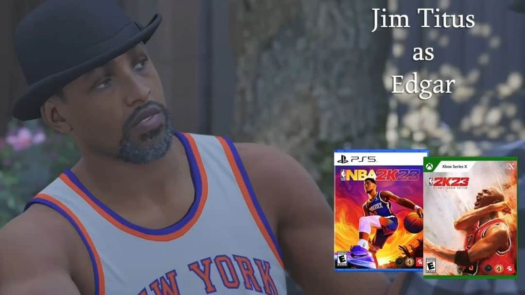 ジム・タイタスのインスタグラム：「Easily the most fun I've EVER had bringing a character to life! Get your copy of #NBA2K23 on #NextGen consoles and let Edgar and Herschel test your Basketball knowledge!  Shout out to @salviscuso @jamad.mays & @shanepaulmcghie for the magic we created on set! A huge thank you to @christianpapierniak for being the kind of director all actors dream of working with!」