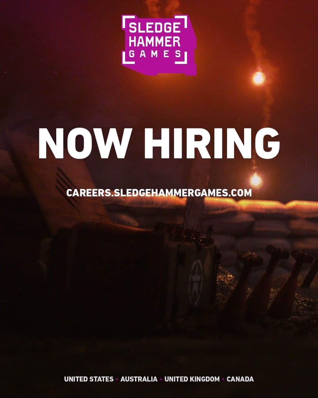 スレッジハンマー・ゲームズのインスタグラム：「We're hiring! Join our incredible, worldwide team at Sledgehammer Games 🌟  Browse open roles and apply at Careers.SledgehammerGames.com」