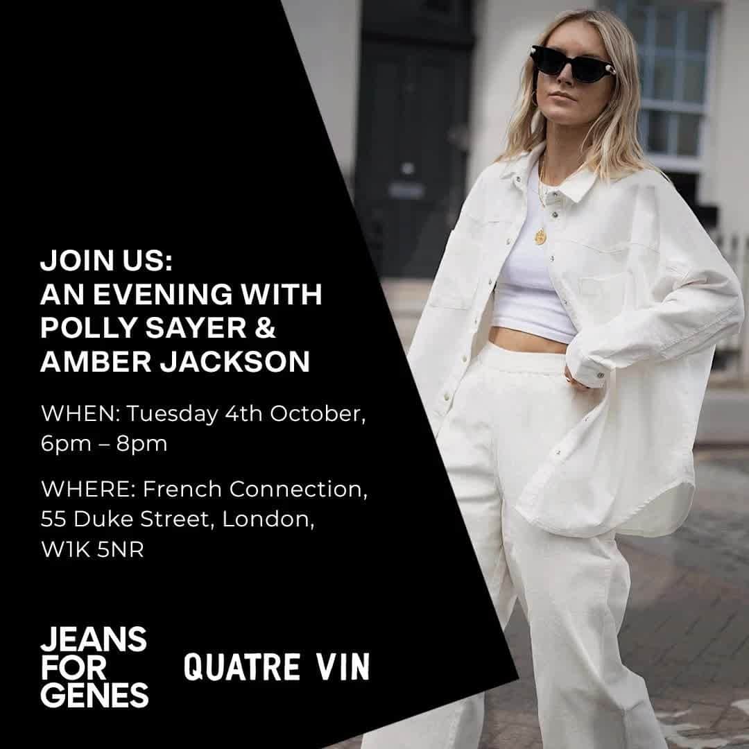 フレンチコネクションのインスタグラム：「SOLD OUT! 👋 Join us: An evening with @pollyvsayer & @amberstyledit ✨🎤  When: Tuesday 4th October, 6pm – 8pm  Where: French Connection, 55 Duke Street, London, W1K 5NR   Join Fashion Influencer, @pollyvsayer and Fashion Editor and Stylist, @amberstyledit at our Duke Street store for an unmissable evening of all things fashion. Come and watch a live style talk in store with a glass of wine in one hand and pizza in the other, plus enjoy some retail therapy 🛍️   Tickets are just £5, with all proceeds donated to the @jeans_for_genes charity. There are limited tickets available, so be quick.   Find out more & buy tickets over on our blog & Instagram Stories now.」