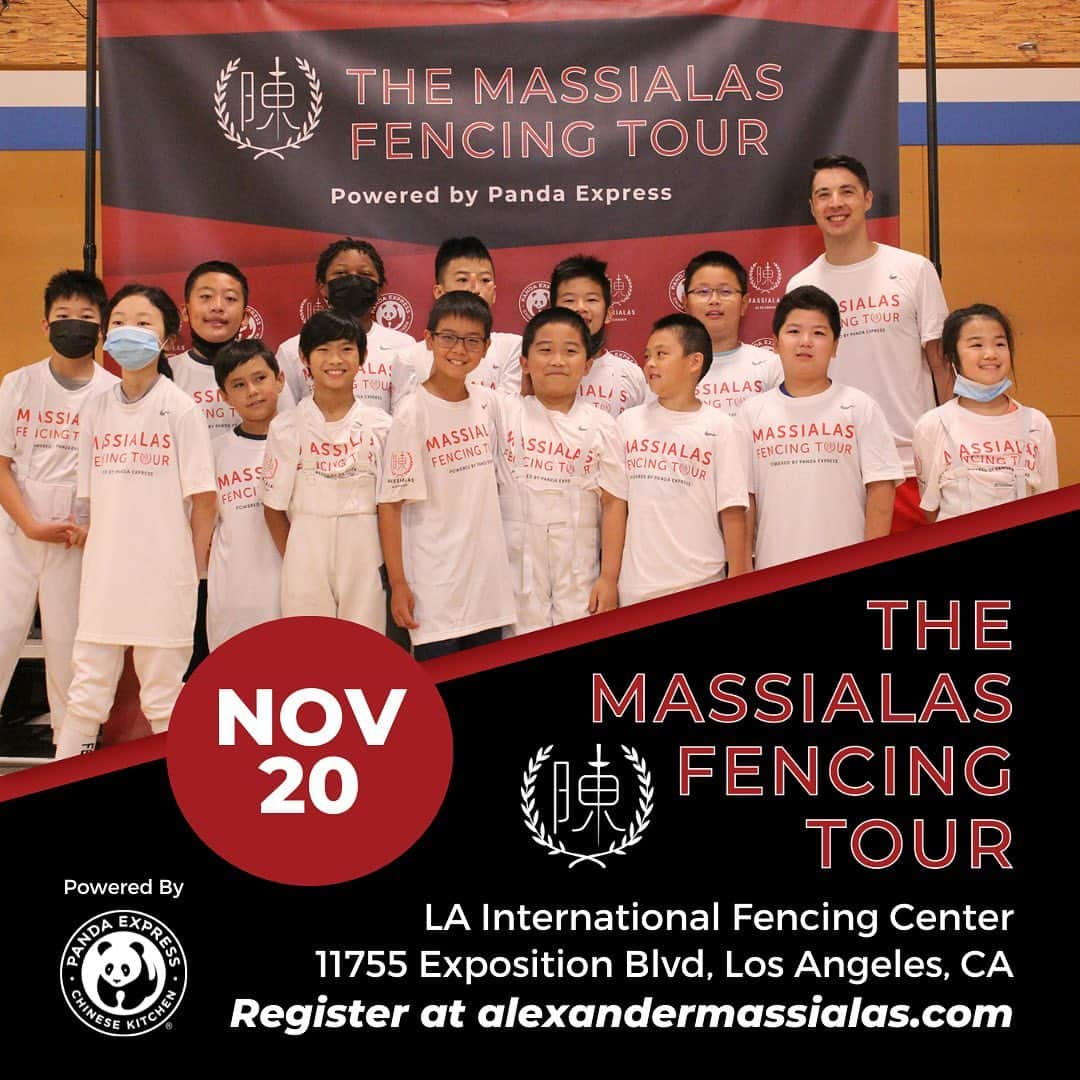 アレクサンダー・マシアラスのインスタグラム：「LA, we’re coming for you! Excited to bring the next stop in the Massialas Fencing Tour, powered by @officialpandaexpress, to Los Angeles, CA!  It’s been such a blast to work with kids all across the country and I’m thrilled for the last stops of the year.  Sign up on my website (🔗 in bio)!」