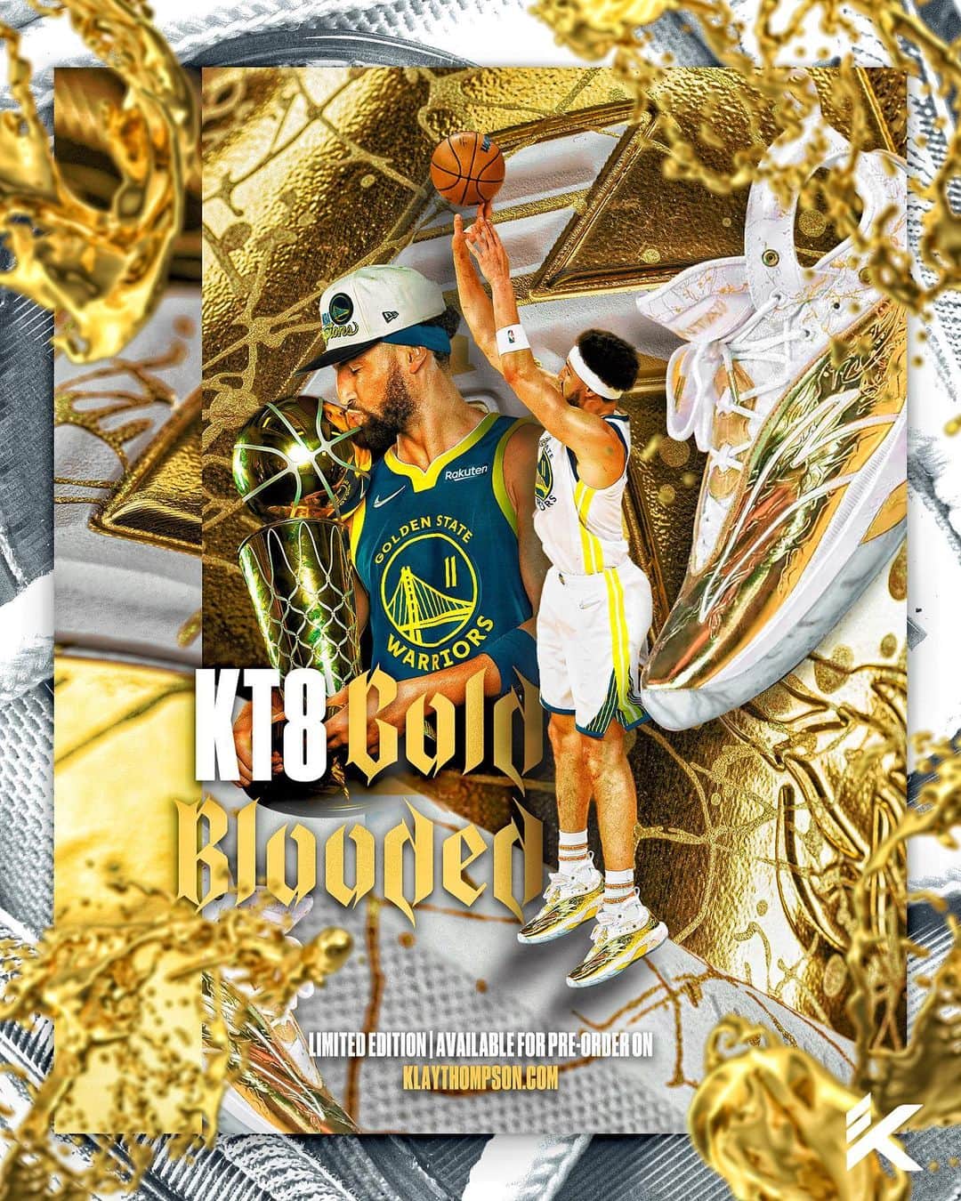 クレイ・トンプソンのインスタグラム：「Excited for the launch of the KT8 “Gold Blooded” which I will be wearing tonight only. Head to klaythompson.com to pre-order. Limited quantities available in sizes 8-14.」