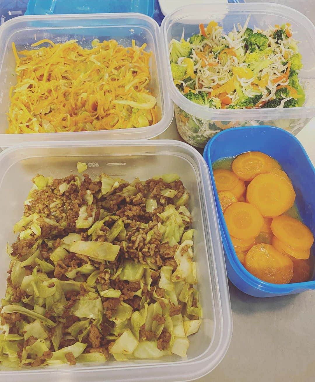 仁科仁美のインスタグラム：「野菜が嫌いな息子くんの為に、色々試行錯誤してるんだけどなぁー…どうしたら食べてくれるのかな？？ ⚫︎にんじんとキャベツのツナマヨ炒め ⚫︎ブロッコリーとパプリカのシラスペペロンチーノ風炒め ⚫︎ひき肉とキャベツのカレー炒め ⚫︎にんじんグラッセ などなどを今回は作ってみました！」
