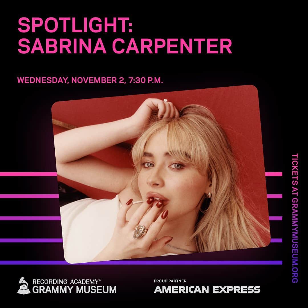 サブリナ・カーペンターのインスタグラム：「bet u wanna lock in your seat for our upcoming evening with Sabrina at the #GRAMMYMuseum ✨  We’re talking here November 2nd We’re talking ‘emails i can’t send’ We're talking special live performance  We're talking wild, wild night  #AmexPresale tickets on sale Oct. 20, General Admission Oct. 21. Link in bio.」