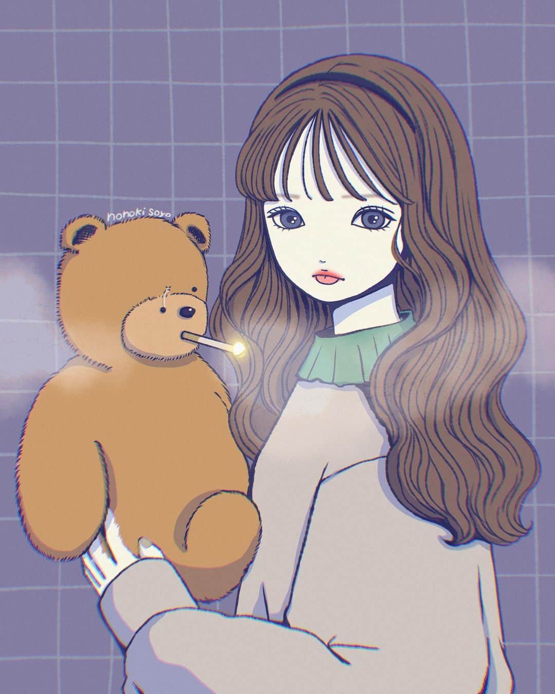 乃の木そよのインスタグラム：「このクマ煙くさい！🧸🚬   #イラスト#アート#絵#画#イラストレーター#デザイン#創作#絵描きさんと繋がりたい#塗り絵 #服 #おしゃれさんと繋がりたい #おしゃれ女子 #ガーリー#今日の服#お洒落さんと繋がりたい#今日のコーデ #服装#삽화#그림#세련된#插图#插圖#圖片#图片 #エモい #エモ」