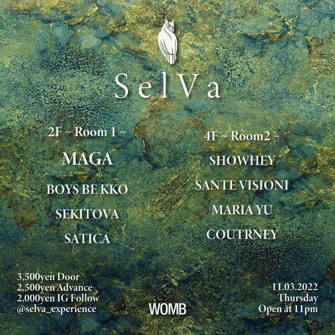 マリア友のインスタグラム：「11月3日 @womb_tokyo  Franceから @magaofficiallll が  @selva_experience 初出演🙌❣️楽しみ〜🎵  #techno#Club#womb#artist#dj」