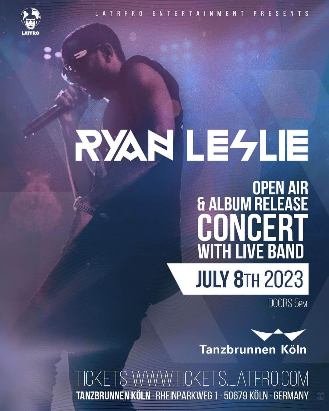 ライアン・レズリーのインスタグラム：「We’re proud & happy to present the 1st ever @ryanleslie OPEN AIR & ALBUM RELEASE concert in history. For this special occasion, we have selected the beautiful @tanzbrunnenkoeln, Germany. It's been 4 Years, since @ryanleslie performed with his Band live in #Cologne, so get ready for a legendary experience. Location: Tanzbrunnen, Köln - Doors: 17:00h - Tickets & Info www.Tickets.Latfro.com 📸 by @devdooley graphic by @christowac」