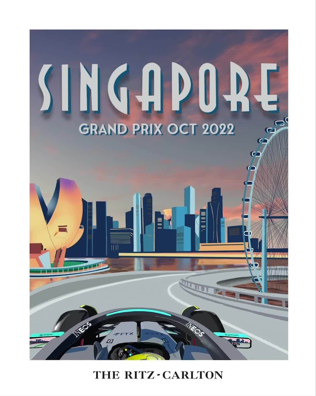 リッツ・カールトンのインスタグラム：「Artist Partner @louisnicolasdarbon’s latest travel poster takes us into the driver’s seat with @mercedesamgf1 for this weekend’s Singapore Grand Prix, where the Marina Bay Street Circuit leads the race to @ritzcarltonmilleniasingapore and iconic city landmarks.」