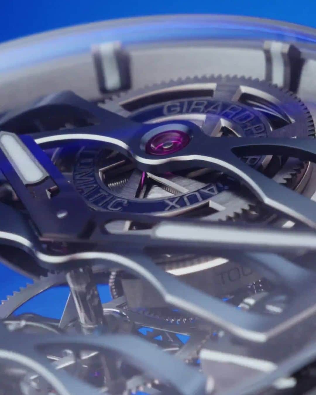 のインスタグラム：「The #TourbillonWithThreeFlyingBridges Bucherer BLUE is endowed with an incredibly sleek skeletonised movement, stunningly light and elegant. The main plate disappears to reveal only the three bridges that support all the mechanical components.」