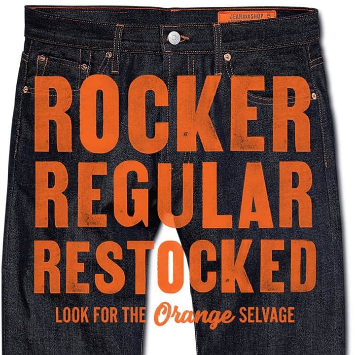 ジーンショップのインスタグラム：「ROCKER 13.75 OZ ORANGE SELVAGE DENIM Our most iconic straight leg five-pocket jean is back in stock and now available from size 26 to 40.   Register as a JEAN SHOP Member and you will receive a 10% discount on your first order.   Members - Post photo of your vintage ROCKER's and tag #jeanshop #bestdamnjean   #jeanshop #selvagedenim #bestdamnjean」