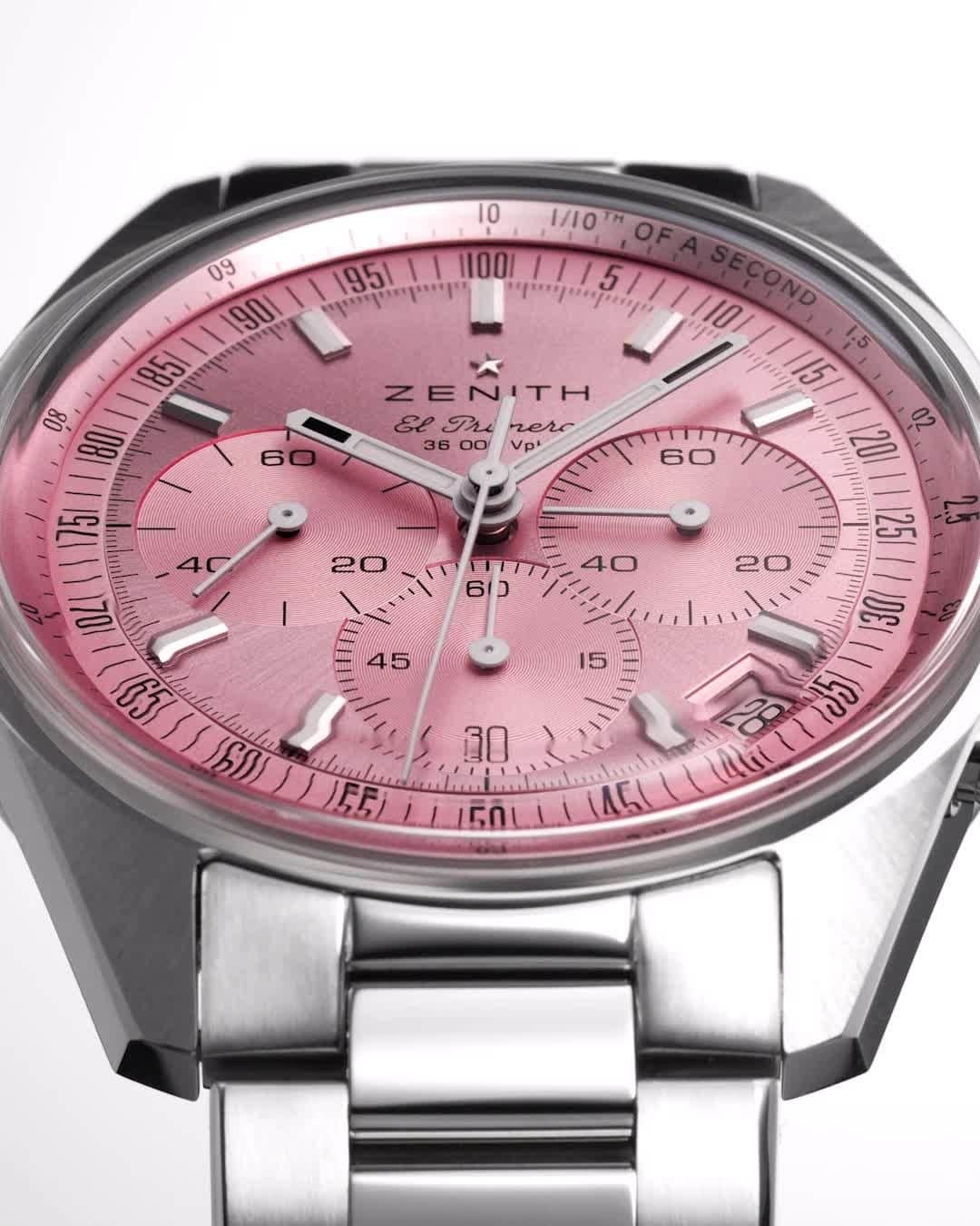 ゼニスのインスタグラム：「#ChronomasterOrignal: for hope. ZENITH’s latest contribution to the ongoing fight to spread awareness and lend support to all those affected by breast cancer, the Chronomaster Original Pink edition reimagines the unisex retro-inspired 1/10th of a second chronograph with a striking metallic pink dial.  While not a limited edition in the traditional numbered sense, the Chronomaster Original Pink will be limited in time, available only during the annual international Breast Cancer Awareness Month campaign from October 1 to October 31 and exclusively from ZENITH’s physical and online boutiques around the world. 20% of the proceeds from the sale of the Chronomaster Original Pink will be directly donated to the Susan G. Komen® foundation, supporting its efforts to make a positive impact on their community by allowing patients everywhere to live better, longer lives. #SusanGKomen」