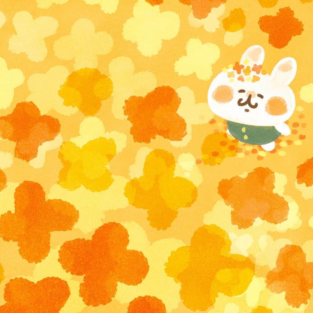 カナヘイのインスタグラム：「キンモクセイのシャワー □□□ □■□  #10月壁紙 #kanahei #卡娜赫拉 #卡娜赫拉的小動物 #カナヘイ #ピスケとうさぎ　#ねーねーねこ」