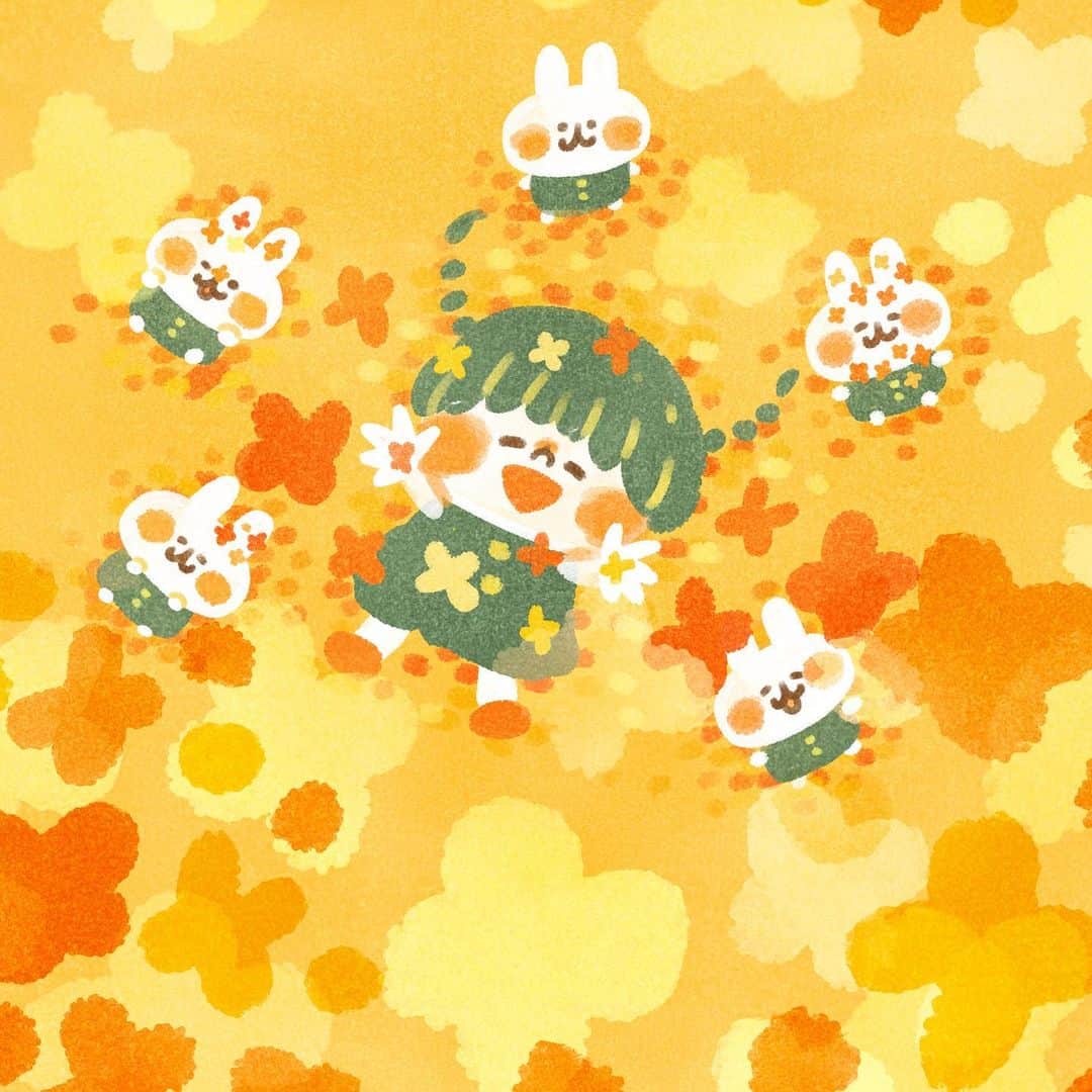 カナヘイのインスタグラム：「キンモクセイのシャワー □□□ ■□□  #10月壁紙 #kanahei #卡娜赫拉 #卡娜赫拉的小動物 #カナヘイ #ピスケとうさぎ　#ねーねーねこ」