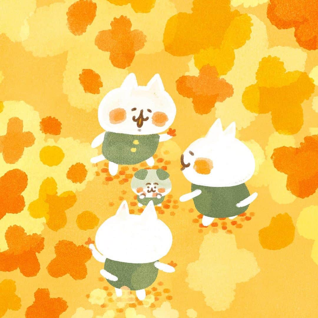 カナヘイのインスタグラム：「キンモクセイのシャワー □□■ □□□  #10月壁紙 #kanahei #卡娜赫拉 #卡娜赫拉的小動物 #カナヘイ #ピスケとうさぎ　#ねーねーねこ」