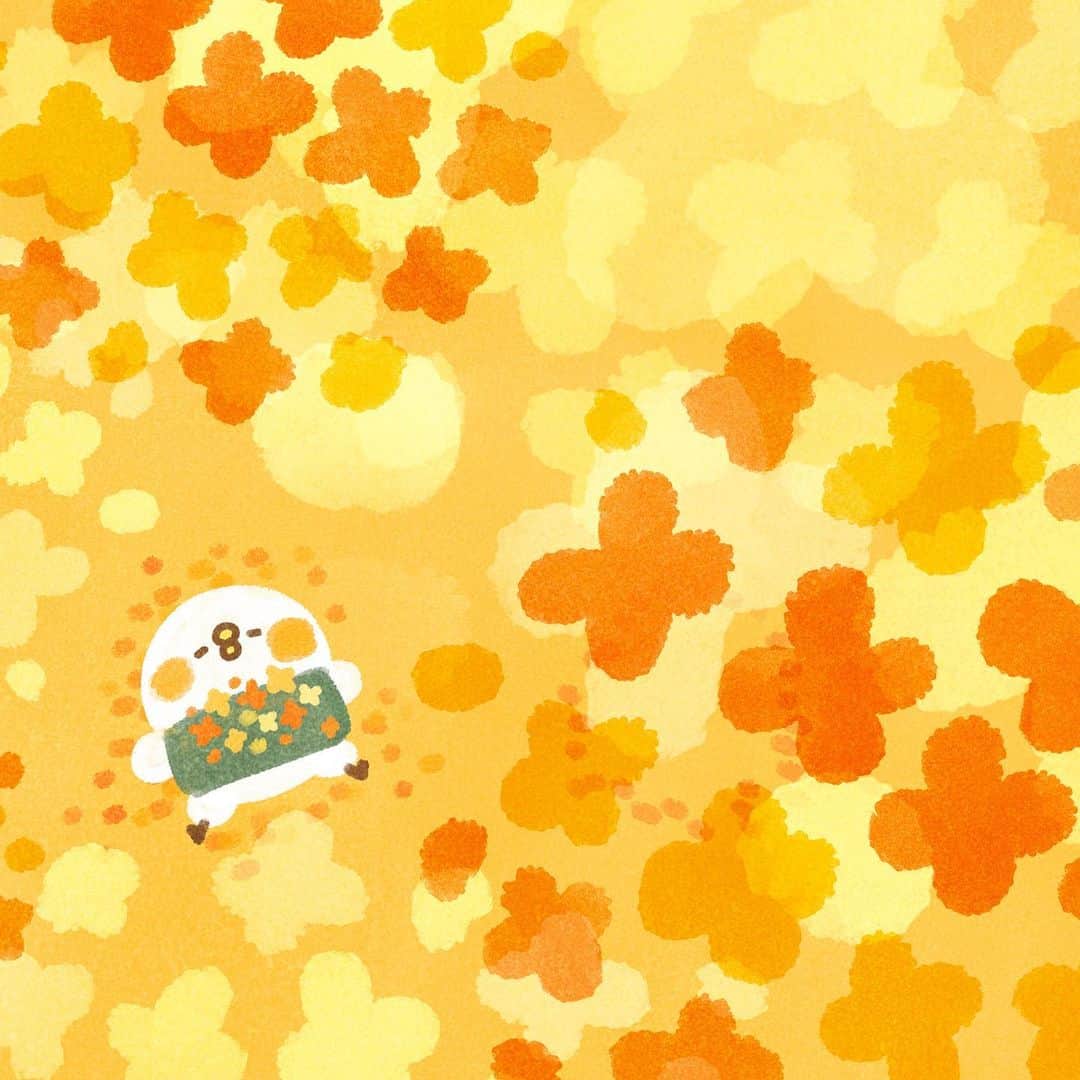 カナヘイのインスタグラム：「キンモクセイのシャワー □■□ □□□  #10月壁紙 #kanahei #卡娜赫拉 #卡娜赫拉的小動物 #カナヘイ #ピスケとうさぎ　#ねーねーねこ」