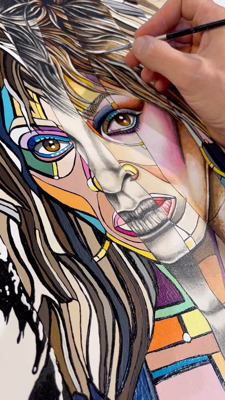 のインスタグラム：「She’s simply the best. She’s far better than all the rest.  My loving tribute to Tina Turner.  8 sections, five techniques: Black and white acrylic. Patterned color acrylic. Graphite. Micron pen and ink. Color pencil.  20” x 24” paper mounted on a cradled birch panel.  @tinaturner   #tinaturner #paintedportrait #simplythebest #privatedancer #davidgilmorestudio #contemporaryart #artwork #celebrityportrait #patterned #tinaturnerart #tinaturnerportrait #originalpainting #forevertinaturner #livinglegend #queenofmusic #riverdeepmountainhigh」