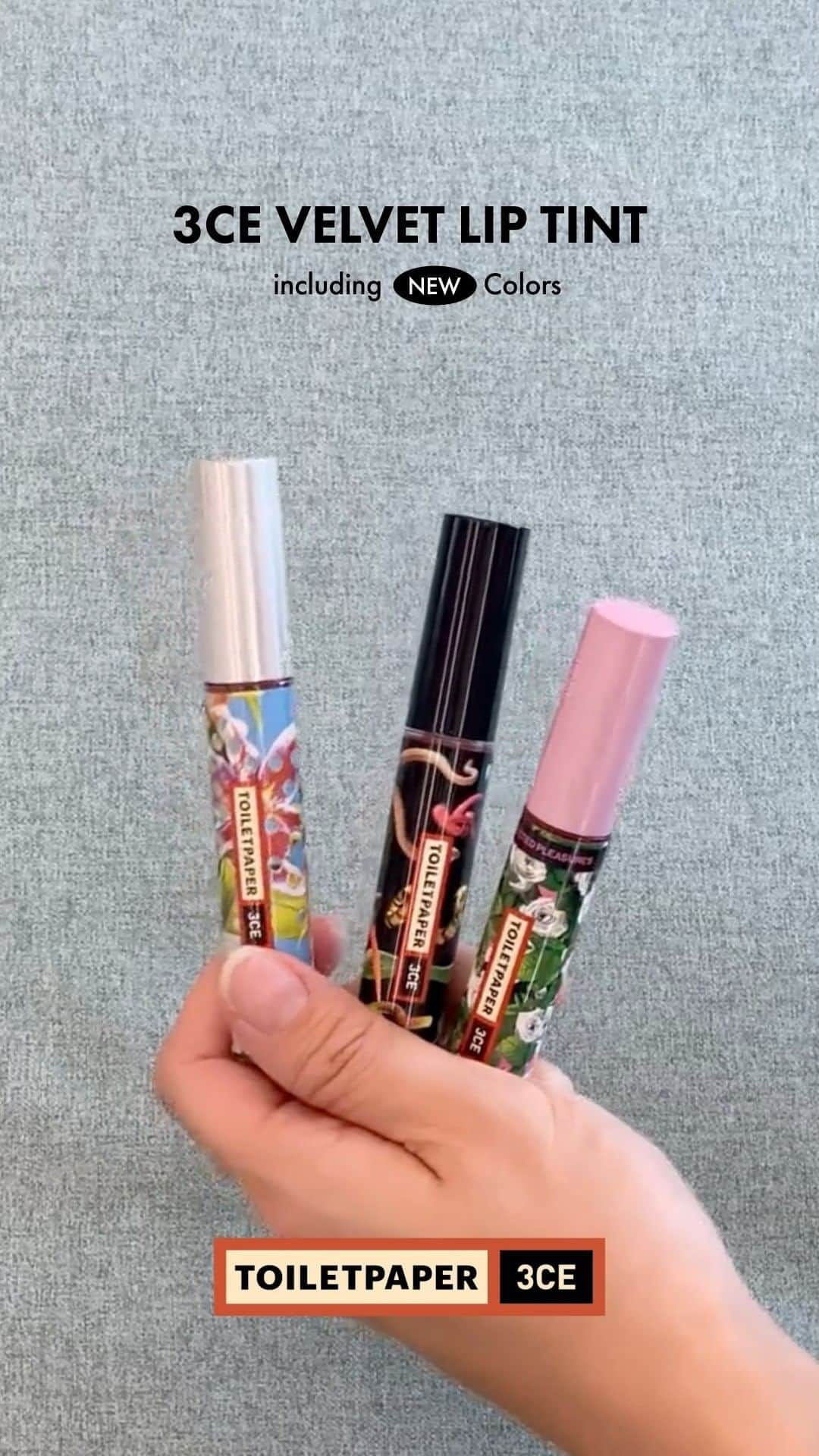 Official STYLENANDAのインスタグラム：「한 번 써보면 정착한다는 3CE 정착템 '벨벳 립 틴트'💋  토일렛페이퍼 에디션 출시와 함께 신규 컬러 FIGTACHIO, DUSKY PINK를 선보였어요. 새로운 패키지를 입은 인기 컬러 TAUPE까지!  노필터 아이폰 촬영 발색으로 컬러를 확인해보세요. 3CE X TOILETPAPER VELVET LIP TINT  지금 3CE 공식 판매처와 stylenanda.com에서 만나보세요.  Now available at 3CE Official stores and stylenanda.com  #3CE #3CESTYLENANDA #3CE스타일난다 #houseof3ce #3CEXTOILETPAPER #3CEx토일렛페이퍼 #TOILETPAPER」