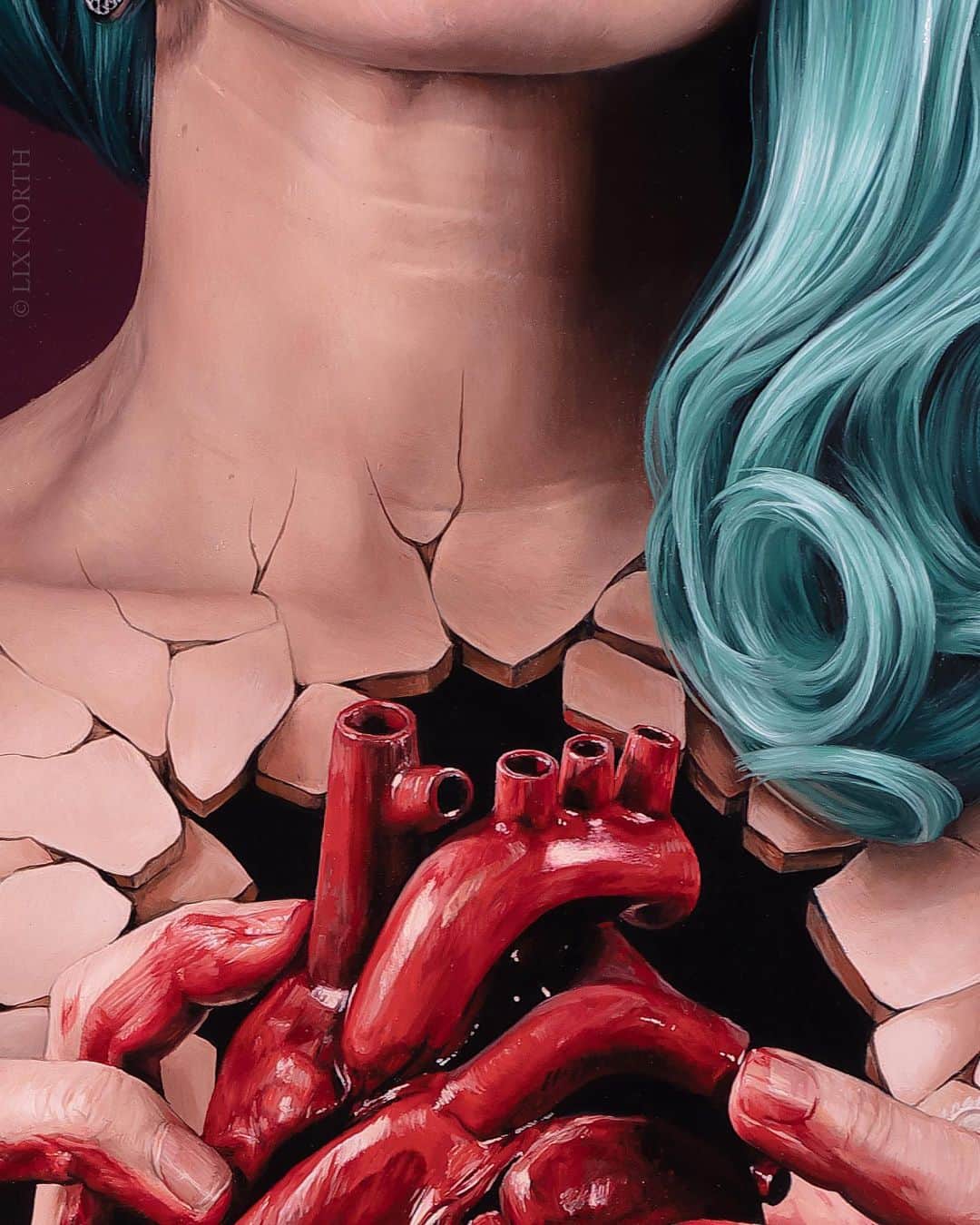 Lix Northさんのインスタグラム写真 - (Lix NorthInstagram)「My new painting ‘Stress Fracture’, oil on aluminium, 65x49cm can be viewed at @beinartgallery Melbourne until Oct 30th as part of my solo exhibition ‘Plasma, Privilege and Perfidy’. Swipe for lots of close up details! 🧐🔍 Exhibition catalogue link in profile 👆🏼🔗  As a bleeding heart and perseverant mind in a fragile body, I've often felt like a restless microcosm of greater humanity's tumult. Both cathartic and confronting, self-portraiture with a satirical bent has always been my favourite instrument. These new works continue to explore my foibles as contextual reflections of our restive epoch.    Our species holds more power, privilege and control than ever before. Yet, like short-sited demigods intoxicated with entitlement, we flounder and obfuscate, railing against ownership or mitigation of the havoc wreaked on our singular habitat and precious cohabitors.   When our hearts bleed we seek distraction within myriad trivialities. When our bodies malfunction in this increasingly toxic world, we seek a quick fix, belying the iceberg of which our personal suffering is merely the tip. Compassion fatigued and loyalties torn, we clutch at short-term self-preservation to the unseen detriment of others and often, ultimately, ourselves.   We bleed, then patch the hole.  We, privileged, vindicate our fall. And fool ourselves amidst the toll.   #art #painter #realism #hyperrealism #surrealism #superrealism #photorealism #oilpaint #artstudio #steampunktendencies #beautifulbizarre #portraitartist #femaleartist #oilonaluminium #steampunk #melbourneart #instaart #postapocalyptic #australianartist #newzealandart #scottishartist #instaartist #instaartoftheday #newartwork #artistlife #artnews #todaysartreport #dailycollector #grimdark #contemporaryart」10月11日 10時41分 - lixnorth
