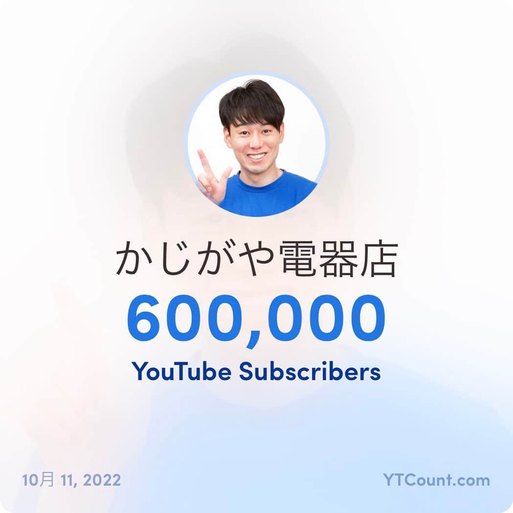 かじがや卓哉のインスタグラム：「YouTubeかじがや電器店 登録者数60万人！ ありがとうございます！  引き続きよろしくお願いします！」