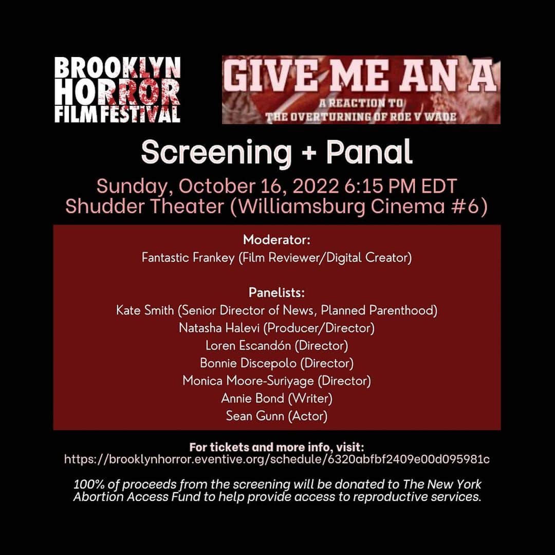 ショーン・ガンのインスタグラム：「If you are in New York on Sunday please join me for the world premiere live screening of “Give Me An A”!   Screening at 6:15p at the Shudder Theater as part of the @brooklynhorrorfest   Stay for the panel afterwards on the film and reproductive health rights!  This film is an anthology of shorts made by women as a reaction to the overturning of Roe v Wade.   It’s a powerful achievement, entirely put together in only 3 months.  Please come check it out. 100% of proceeds will be donated to the New York Abortion Access Fund. @nyaafund」