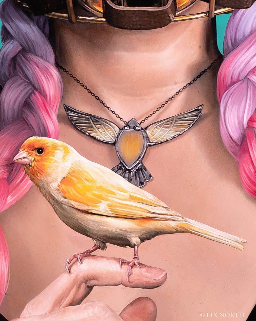 Lix Northさんのインスタグラム写真 - (Lix NorthInstagram)「My new painting ‘Gilded Cage’, oil on aluminium, 65x49cm can be viewed at @beinartgallery Melbourne until Oct 30th as part of my solo exhibition ‘Plasma, Privilege and Perfidy’. Swipe for lots of close up details! 🧐🔍 Exhibition catalogue link in profile 👆🏼🔗  As a bleeding heart and perseverant mind in a fragile body, I've often felt like a restless microcosm of greater humanity's tumult. Both cathartic and confronting, self-portraiture with a satirical bent has always been my favourite instrument. These new works continue to explore my foibles as contextual reflections of our restive epoch.    Our species holds more power, privilege and control than ever before. Yet, like short-sited demigods intoxicated with entitlement, we flounder and obfuscate, railing against ownership or mitigation of the havoc wreaked on our singular habitat and precious cohabitors.   When our hearts bleed we seek distraction within myriad trivialities. When our bodies malfunction in this increasingly toxic world, we seek a quick fix, belying the iceberg of which our personal suffering is merely the tip. Compassion fatigued and loyalties torn, we clutch at short-term self-preservation to the unseen detriment of others and often, ultimately, ourselves.   We bleed, then patch the hole.  We, privileged, vindicate our fall. And fool ourselves amidst the toll.   #art #painter #realism #hyperrealism #surrealism #superrealism #photorealism #oilpaint #artstudio #steampunktendencies #beautifulbizarre #portraitartist #femaleartist #oilonaluminium #steampunk #melbourneart #instaart #postapocalyptic #australianartist #newzealandart #scottishartist #instaartist #instaartoftheday #newartwork #artistlife #artnews #todaysartreport #dailycollector #grimdark #contemporaryart」10月13日 12時09分 - lixnorth