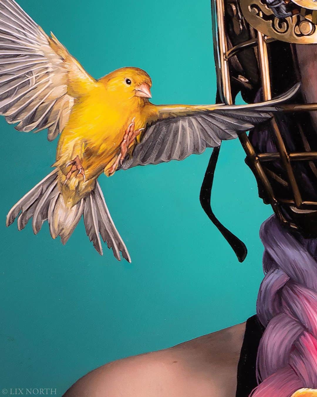 Lix Northさんのインスタグラム写真 - (Lix NorthInstagram)「My new painting ‘Gilded Cage’, oil on aluminium, 65x49cm can be viewed at @beinartgallery Melbourne until Oct 30th as part of my solo exhibition ‘Plasma, Privilege and Perfidy’. Swipe for lots of close up details! 🧐🔍 Exhibition catalogue link in profile 👆🏼🔗  As a bleeding heart and perseverant mind in a fragile body, I've often felt like a restless microcosm of greater humanity's tumult. Both cathartic and confronting, self-portraiture with a satirical bent has always been my favourite instrument. These new works continue to explore my foibles as contextual reflections of our restive epoch.    Our species holds more power, privilege and control than ever before. Yet, like short-sited demigods intoxicated with entitlement, we flounder and obfuscate, railing against ownership or mitigation of the havoc wreaked on our singular habitat and precious cohabitors.   When our hearts bleed we seek distraction within myriad trivialities. When our bodies malfunction in this increasingly toxic world, we seek a quick fix, belying the iceberg of which our personal suffering is merely the tip. Compassion fatigued and loyalties torn, we clutch at short-term self-preservation to the unseen detriment of others and often, ultimately, ourselves.   We bleed, then patch the hole.  We, privileged, vindicate our fall. And fool ourselves amidst the toll.   #art #painter #realism #hyperrealism #surrealism #superrealism #photorealism #oilpaint #artstudio #steampunktendencies #beautifulbizarre #portraitartist #femaleartist #oilonaluminium #steampunk #melbourneart #instaart #postapocalyptic #australianartist #newzealandart #scottishartist #instaartist #instaartoftheday #newartwork #artistlife #artnews #todaysartreport #dailycollector #grimdark #contemporaryart」10月13日 12時09分 - lixnorth