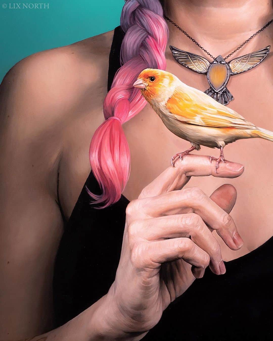 Lix Northさんのインスタグラム写真 - (Lix NorthInstagram)「My new painting ‘Gilded Cage’, oil on aluminium, 65x49cm can be viewed at @beinartgallery Melbourne until Oct 30th as part of my solo exhibition ‘Plasma, Privilege and Perfidy’. Swipe for lots of close up details! 🧐🔍 Exhibition catalogue link in profile 👆🏼🔗  As a bleeding heart and perseverant mind in a fragile body, I've often felt like a restless microcosm of greater humanity's tumult. Both cathartic and confronting, self-portraiture with a satirical bent has always been my favourite instrument. These new works continue to explore my foibles as contextual reflections of our restive epoch.    Our species holds more power, privilege and control than ever before. Yet, like short-sited demigods intoxicated with entitlement, we flounder and obfuscate, railing against ownership or mitigation of the havoc wreaked on our singular habitat and precious cohabitors.   When our hearts bleed we seek distraction within myriad trivialities. When our bodies malfunction in this increasingly toxic world, we seek a quick fix, belying the iceberg of which our personal suffering is merely the tip. Compassion fatigued and loyalties torn, we clutch at short-term self-preservation to the unseen detriment of others and often, ultimately, ourselves.   We bleed, then patch the hole.  We, privileged, vindicate our fall. And fool ourselves amidst the toll.   #art #painter #realism #hyperrealism #surrealism #superrealism #photorealism #oilpaint #artstudio #steampunktendencies #beautifulbizarre #portraitartist #femaleartist #oilonaluminium #steampunk #melbourneart #instaart #postapocalyptic #australianartist #newzealandart #scottishartist #instaartist #instaartoftheday #newartwork #artistlife #artnews #todaysartreport #dailycollector #grimdark #contemporaryart」10月13日 12時09分 - lixnorth