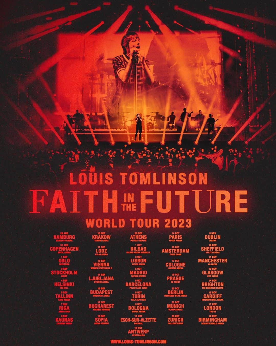 ルイ・トムリンソンのインスタグラム：「FAITH IN THE FUTURE WORLD TOUR 2023. UK & EUROPE.  I can’t tell you how much the tour this year has done for me so I wanted to get on the road again as soon as I could. I had this tour in mind with every song we wrote on the new album. Looking forward to playing the new stuff live. Thank you as always for your unbelievable support. I know none of this would be possible without you all!  Link in bio.」