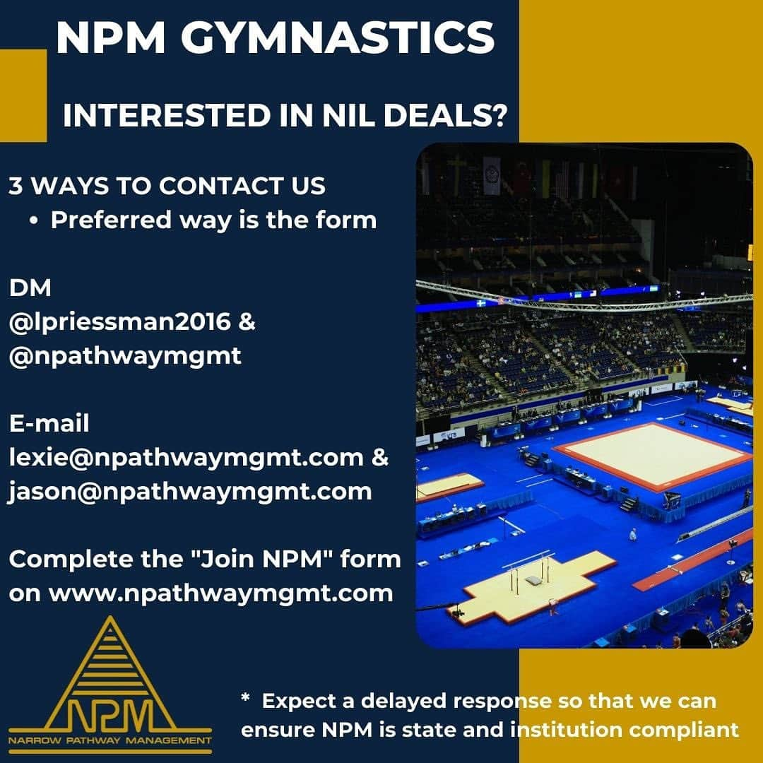 レキシー・プリースマンのインスタグラム：「We’re actively looking for clients to add to the division!  Please note to expect a delayed response as we have to ensure we remain compliant with state and institution regulations.  #NPMGMT #NPM #NPMSports #EnvisionPlanExecute #NIL #gymnastics #gymnast #usa #sport #sports #athlete #athletes #athletebranding #brandidentity #branding #marketing #collegeathlete」