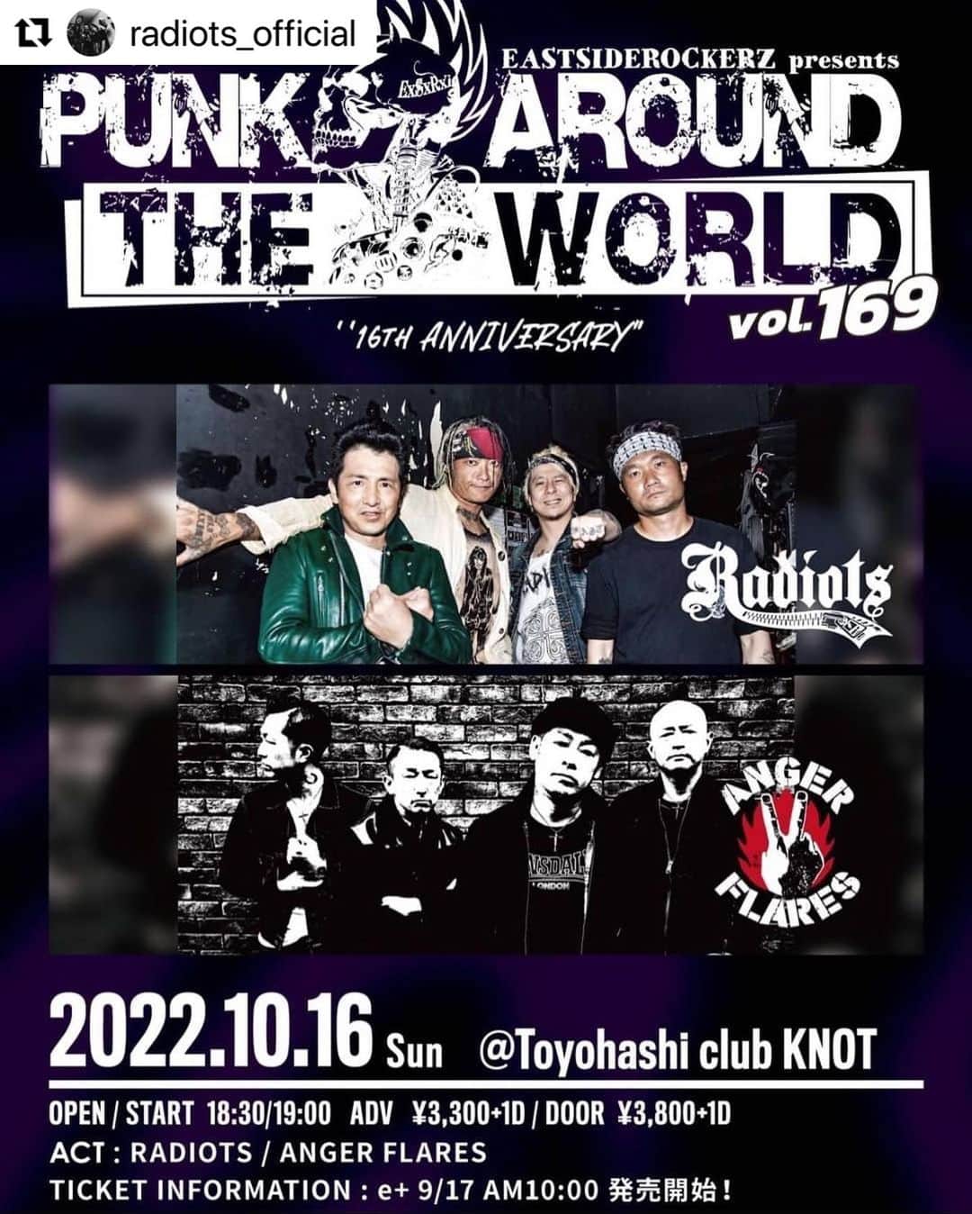 masasucksのインスタグラム：「さてやるぞ‼️ 久々に豊橋でぶっカマすど‼️💪🏻 #Repost @radiots_official with @use.repost ・・・ 🔥RADIOTSライブ情報🔥  10/16(日) 豊橋 club KNOT 『PUNK AROUND THE WORLD VOL.169 ''16th ANNIVERSARY"』  RADIOTS ANGER FLARES  OPEN 18:30 / STATRT 19:00 ADV ¥3,300 (+1D) / DOOR ¥3,800 (+1D)」