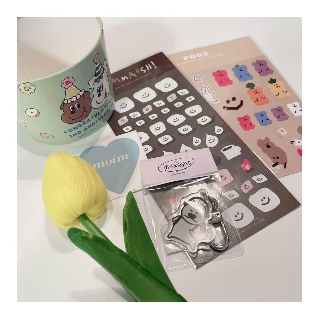 三澤紗千香のインスタグラム：「.  I just bought some very cute stickers and key rings from the moim pop-up store in Tokyo!  I'm very happy to be able to buy legitimate products because they want to give back to the artists properly.  #moim #inautumn #DINOTAENG #stickers #keyrings #stationery」