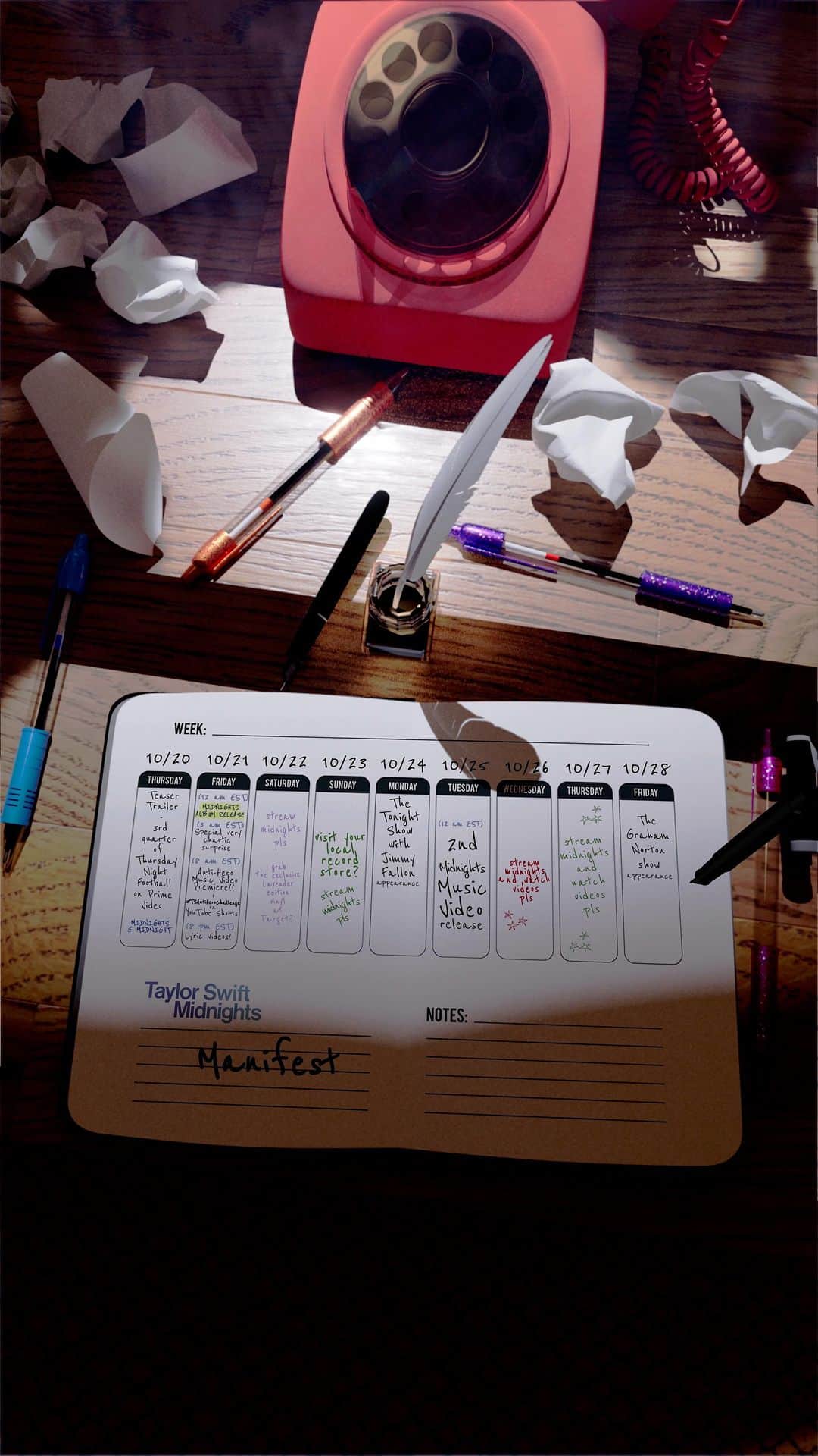 テイラー・スウィフトのインスタグラム：「Mark your calendars! Meet the Midnights Manifest 📜」