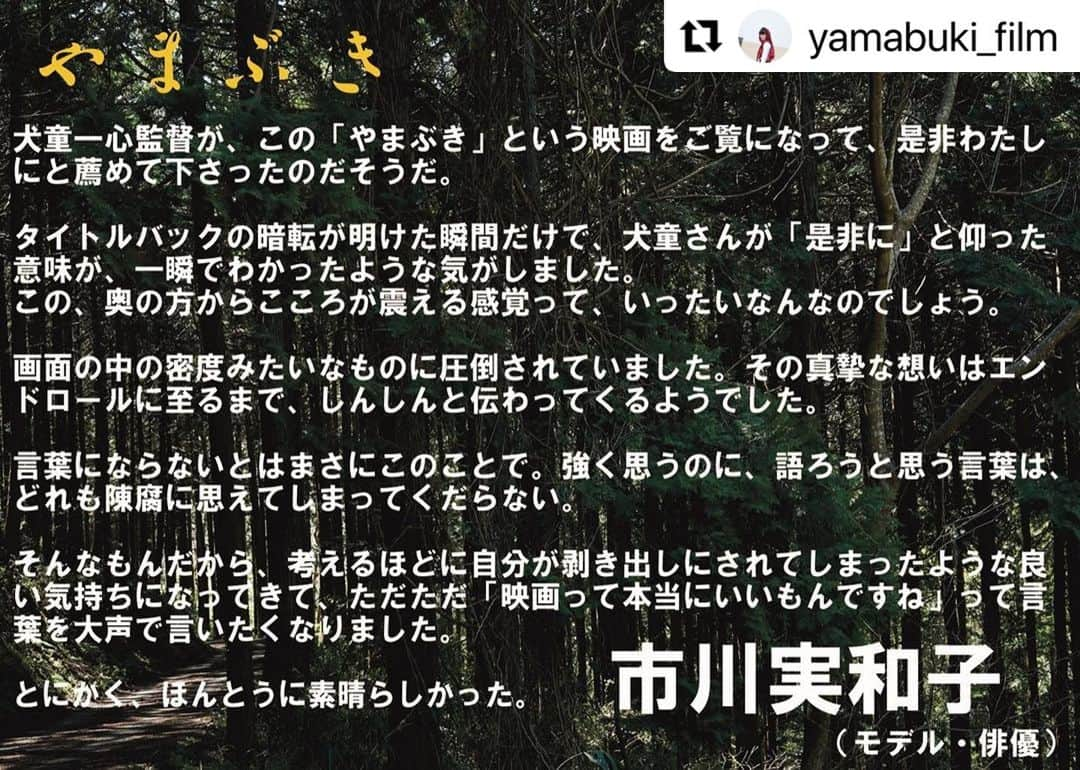 市川実和子さんのインスタグラム写真 - (市川実和子Instagram)「山崎樹一郎監督の映画「やまぶき」をスクリーンでももう一度観たい！と思いたって昨日観に行ったら、上映スケジュールの見方がちっとも分かってなくて、ちょうど終わった時間に劇場に到着しました。かなしい。  ユーロスペースでは１日１回、12時20分からの上映でした😭 本当に、本当に素晴らしい映画なので、是非に！  それにしても、なんで @isshininudo さんは、こんなにも的確にわかったんだろうか…びっくり  #Repost @yamabuki_film with @use.repost ・・・ ˗ˏˋ #やまぶき 推薦コメント⑳ ˎˊ˗  ￣￣￣￣￣￣￣￣￣￣￣￣￣￣￣￣￣￣￣￣￣￣ #犬童一心 監督『#ハウ』での好演も記憶に新しい モデル・俳優の  #市川実和子 さん。  瑞々しく柔らかい感性で、『#やまぶき』へ真っ直ぐなことばを届けてくださいました。@miwako_ichikawa_」11月15日 22時56分 - miwako_ichikawa_