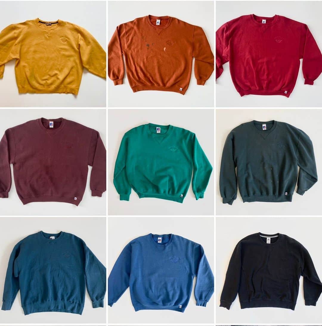 ジョー・キンダーのインスタグラム：「I’m very excited to share this with you all as this was a big effort and one we are proud of.  Thanks to all of you for the support. 🤎   - Bringing new life to old threads. “Living Color” is LOV’s first upcycle collection showcasing selectively-chosen crewnecks.  We cherish the rips, tears, stains, spots, faded colors and flaws in these garments.  They tell a story of many imperfections that will continue in another round of life.」
