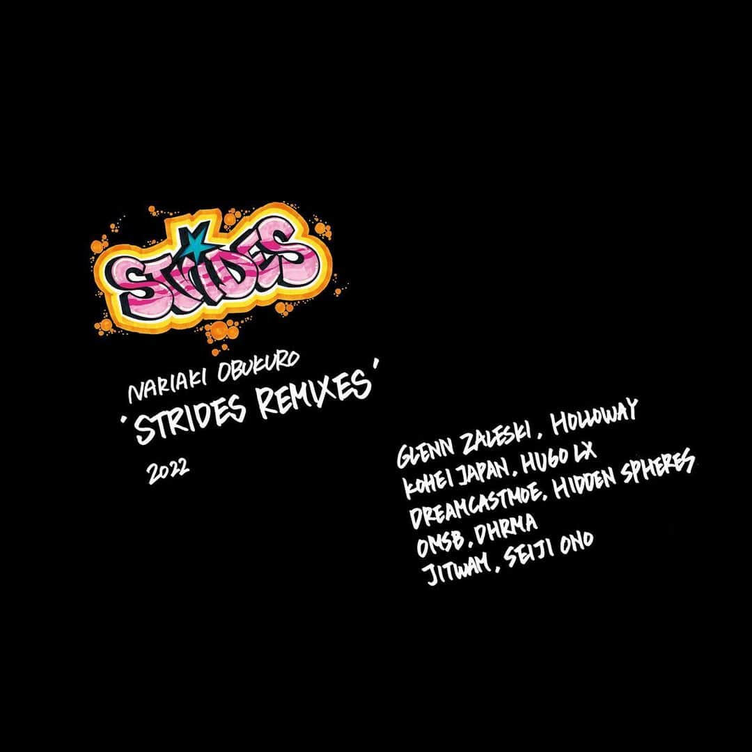 小袋成彬のインスタグラム：「'Strides Remixes' OUT NOW🔥  1, Formula feat. @glennzaleski824  2, Parallax (@holl0way Remix) 3, Work feat. @koheijapan_ (@hugolascoux Remix) 4, Butter feat. @dreamcast.moe (@hidden.spheres Remix) 5, Route feat. @omsb_was_here (@dhrm_a Remix) 6, Rally (@jitwam Remix) 7, Strides (@seiji__ono Remix)  I'm so proud to work with my favorite musicians I've been listening to for a long time( ᐛ )و✨Each songs reminds me some specific memories. Hope everyone enjoy their amazing works too!   Strides Remixiesが11月18日よりオンラインで解禁されます！CD盤では未収録だった新Verもお楽しみに🫶俺がずっと好きだったミュージシャン達が最高の仕事をしてくれました。この作品を通じて彼らの素晴らしい音楽をもっと聞いてくれると嬉しいです。  Graffiti : @cab1k2s  Handwriting: Actually Me😘  Keep your strides, Nari」
