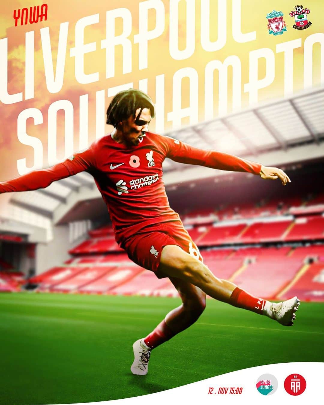 トレント・アレクサンダー＝アーノルドのインスタグラム：「MATCHDAY! Liverpool vs Southampton. 📍 Anfield (12-11-2022) 🔴📷: Edit created in partnership with @thesportjungle 🔴 @trentarnold66 🔴   Tags ignore: #trentarnold #TAA66 #team66 #trentalexanderarnold #team66 #trentalexander  #milner #hendo #gerrard #diogojota #liverpool #lfc #salah #mane #firmino #robertson #vandijk #keita  #chamberlain #aoc #thiago #matip #gomez  #tsimikas #football  #l4l #f4f #lfl #like4likes」