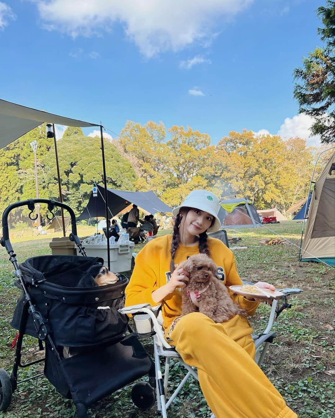 木津レイナのインスタグラム：「⁡ Day camp🌛🤍⛺️ ⁡ 自然の中で食べるご飯って本当美味しいし 夜になって焚き火しながらボーッとしたり 無になる時間が大好きすぎてずっとしていたい🧘🏼笑 ⁡ いつもルークとまろの事を考えてデイにしてるんだけど そろそろ久々のお泊まりもしたいなぁ🐻‍❄️ ⁡ 今回も良い思い出🌙 ⁡ #昭和の森フォレストビレッジ #千葉キャンプ場#キャンプ初心者  #デイキャンプ#キャンプ飯#キャンプコーデ #スウェットコーデ#camp#daycamp#camping」