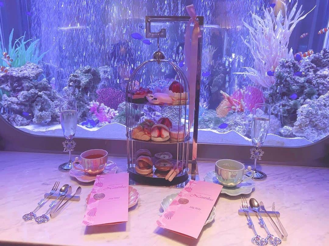 のインスタグラム：「． ． 水槽を眺めながらアフタヌーンティーができる 素敵なレストランみつけた！🍓🐠 ． セイボリーが多めで個人的に嬉しい😋 ． こんな素敵な場所にデートで連れてきてもらえたら 好きになっちゃいそう🥹💕笑 ． #上野アクアリウムレストランnautilus  #アフタヌーンティー #いちご ．」