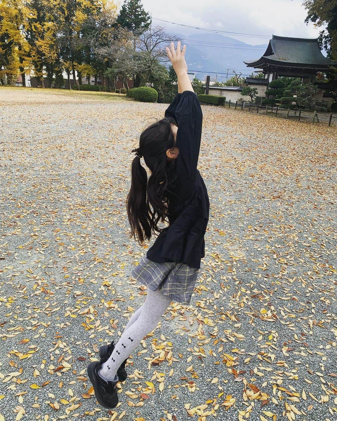 市川ショウのインスタグラム：「東京だと紅葉まだだなーって感覚で週末に祖父の法事があって実家へ帰省したら、あっちは綺麗に色づいてたー！🍁😊 風が強くていっぱい降ってくる落ち葉にはしゃぐ娘と、降ってきた落ち葉が頭についてるまま過ごす息子に癒されつつ、法事が終わって一息です。 紅葉🍁どこかに見に行きたいなぁ🍂」