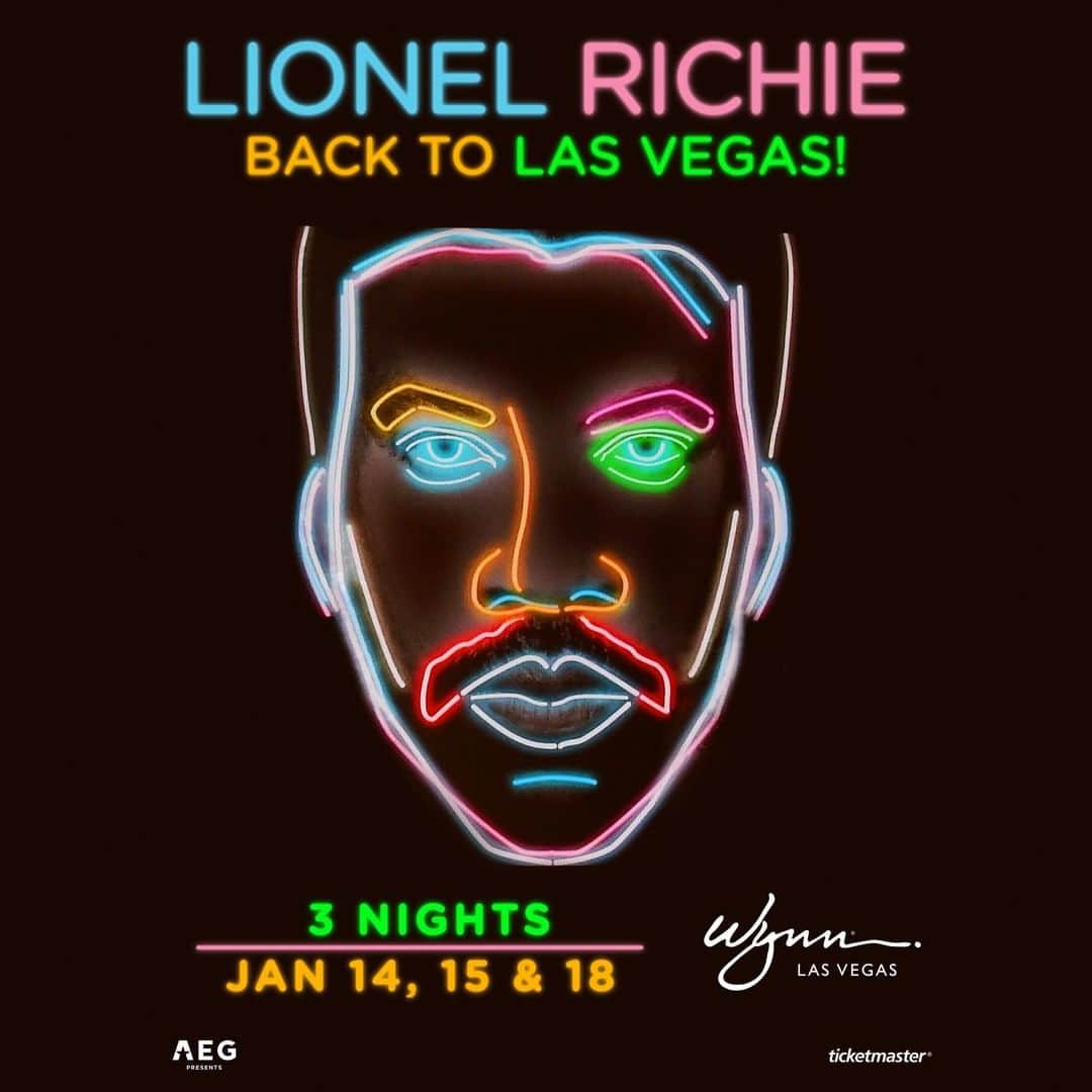 のインスタグラム：「My sold-out residency at the Encore Theater at @wynnlasvegas has been extended into January 2023! I’m returning for three incredible nights - January 14, 15 and 18 - and I can’t wait to see you there!   🎟️ Link to get tickets in my bio 🎟️   VIP Experience Packages are available starting Tuesday(11/15) at 10 a.m. PDT and general tickets are on sale Friday (11/18) at 10am PDT!  VIP Packages include:  - Premium seating in the first two rows - Exclusive pre-show soundcheck and Q&A with members of Lionel's band - Exclusive collectable merch package curated by Lionel - Crowd free merch shopping - VIP venue entry and check-in」