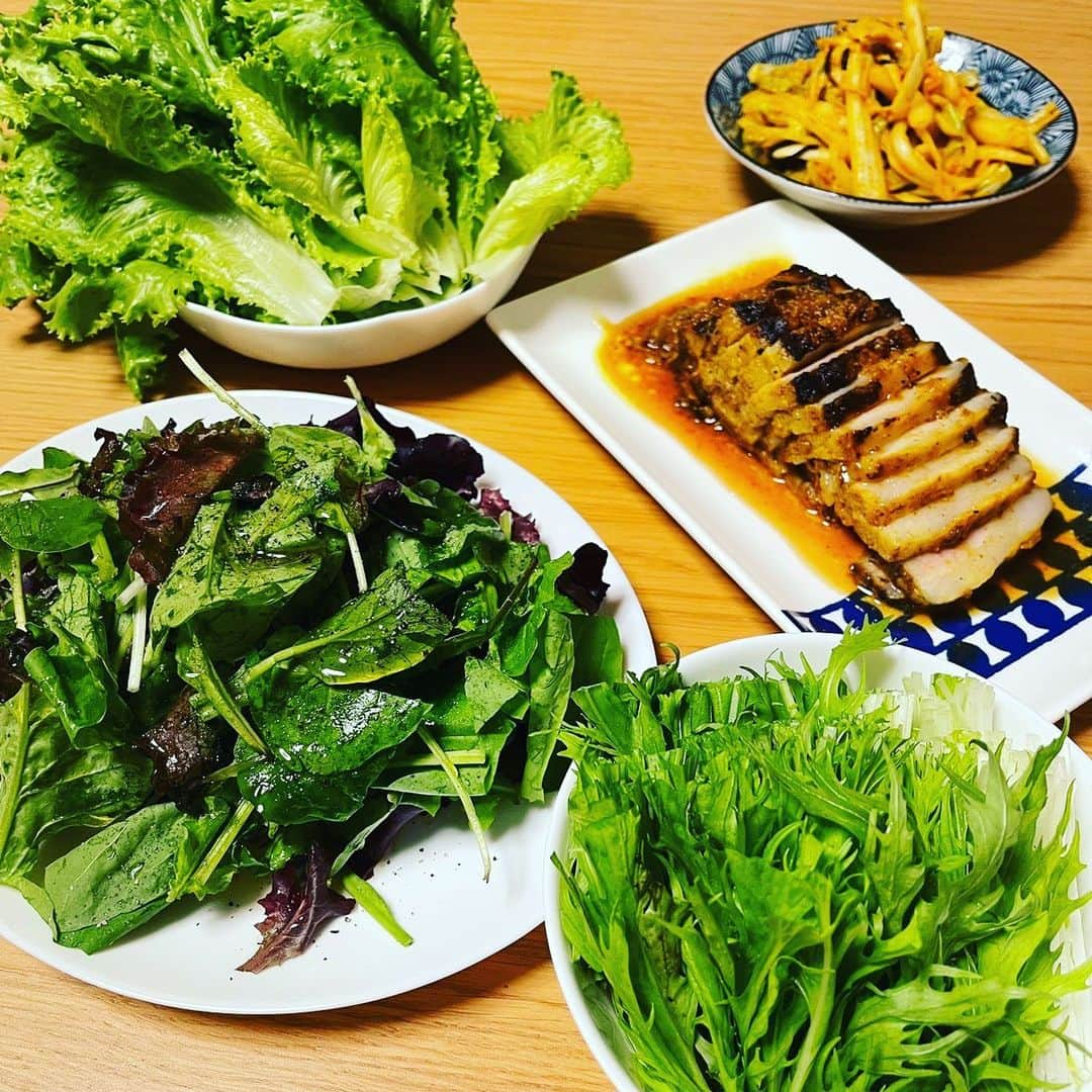 野沢春日さんのインスタグラム写真 - (野沢春日Instagram)「先日、スパイスに漬け込んだ豚バラブロック。  5日熟成。  サムギョプサル風に。  手作りスパイスキムチ。  〆は塩辛と水菜のペペロンチーノ。  #男子アナごはん」10月22日 16時33分 - nozawa_haruhi