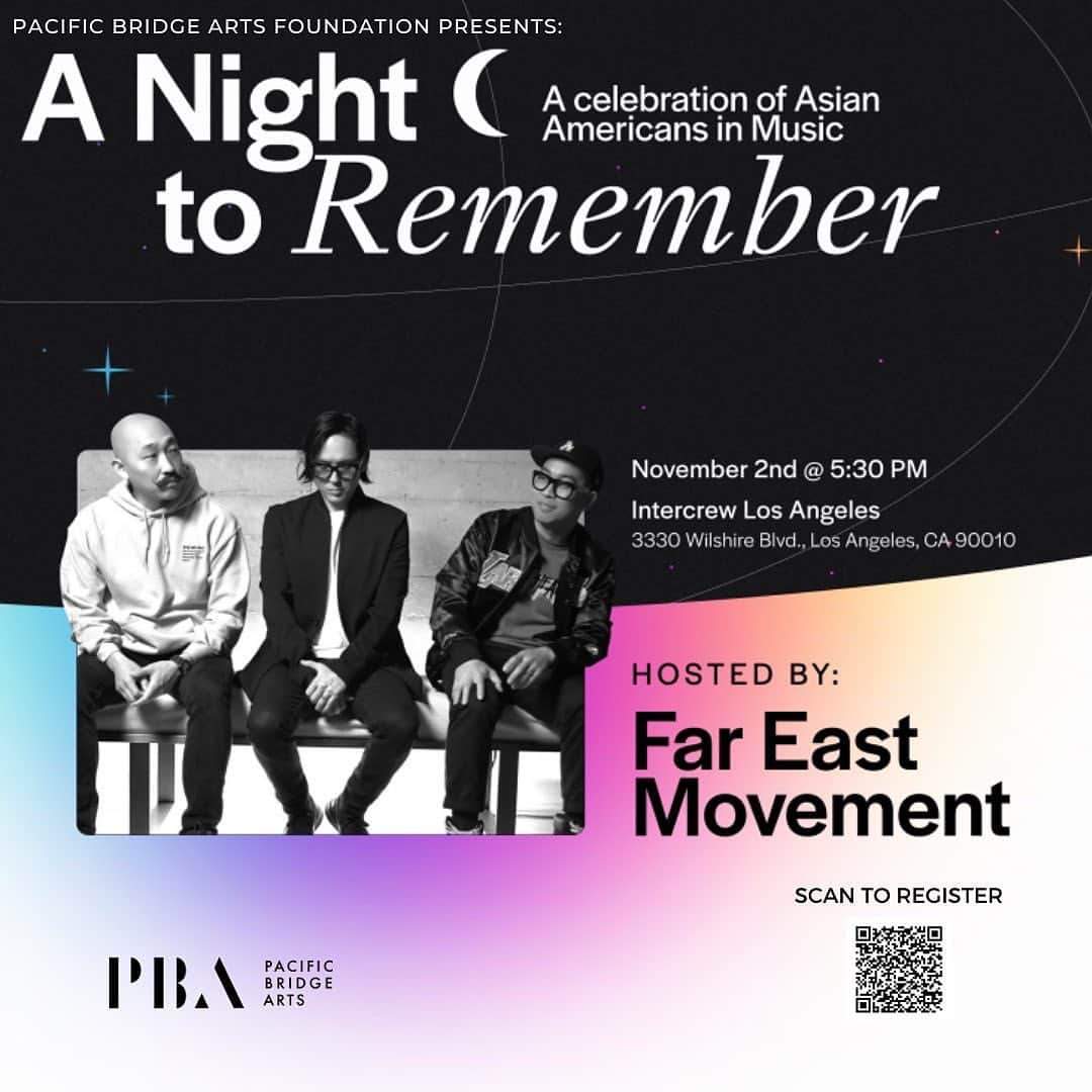 Far East Movementさんのインスタグラム写真 - (Far East MovementInstagram)「🌐 @fareastmovement and @transparentfeed will be hosting a special night celebrating AAPI’s in the music industry, present and future with @pacificbridgearts , honoring the PBA mentors that have that have won or been nominated for a GRAMMY, along with spotlighting the recipients of our PBA GRAAMY Camp scholarships and Musical Scholarship.   For Filipino American History Month, PBA is also excited to announce the collaboration with Filipino Music Leaders committee and their selection of a student in the Filipino American community for a Musical Scholarship.  This is a private event at @intercrewla , but if you are interested in supporting Pacific Bridge Arts for future music scholarships, there are limited tickets available to purchase:  tinyurl.com/PBANightToRemember」10月25日 4時53分 - fareastmovement