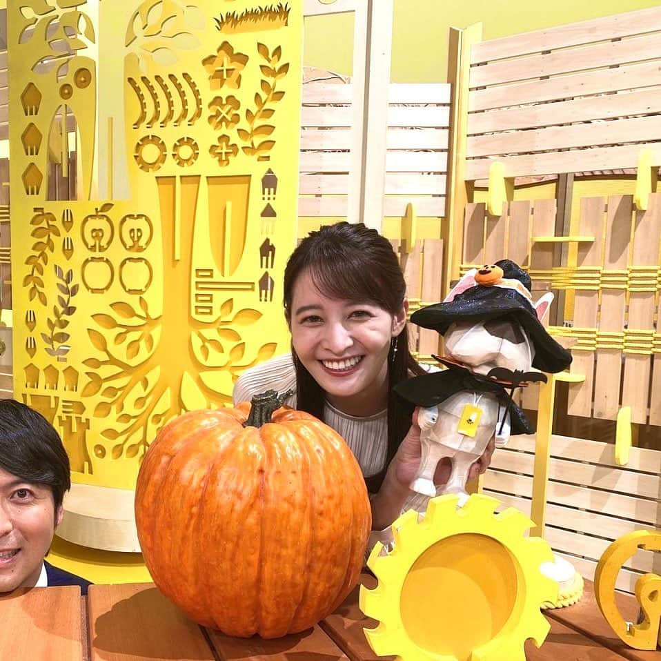 桝太一のインスタグラム：「🎃 まだ一足早いですが、 バンキシャのスタジオは ハロウィンカラーと親和性が高いです  #楽しそうな後呂さん(@ushiro_arisa) #カボチャと同化を試みた相方 #happyhalloween」