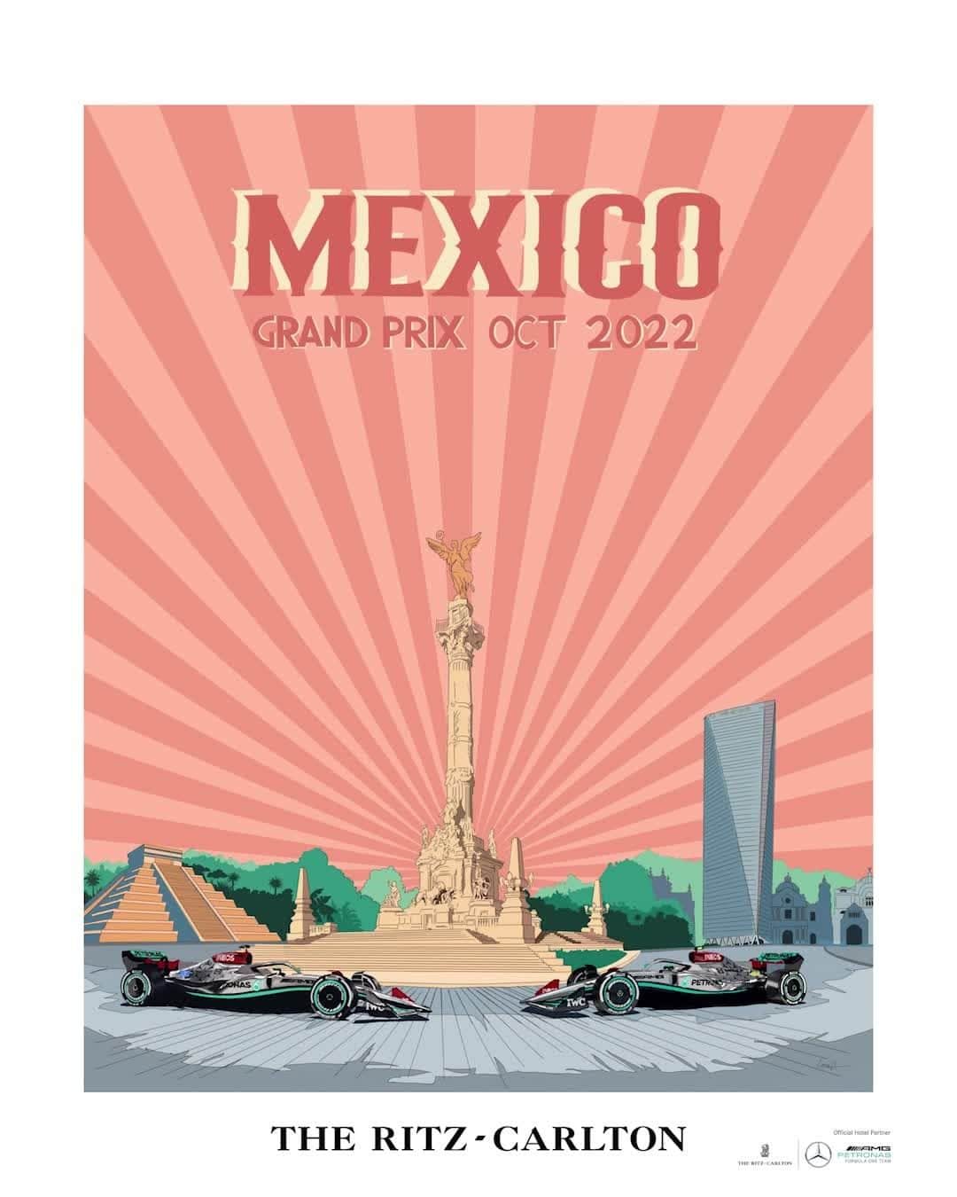のインスタグラム：「Ready for a thrilling week with @mercedesamgf1 in #MexicoCity — Artist Partner @louisnicolasdarbon previews the excitement ahead at the Mexico City Grand Prix and @ritzcarltonmexicocity with his latest Formula One travel poster.」