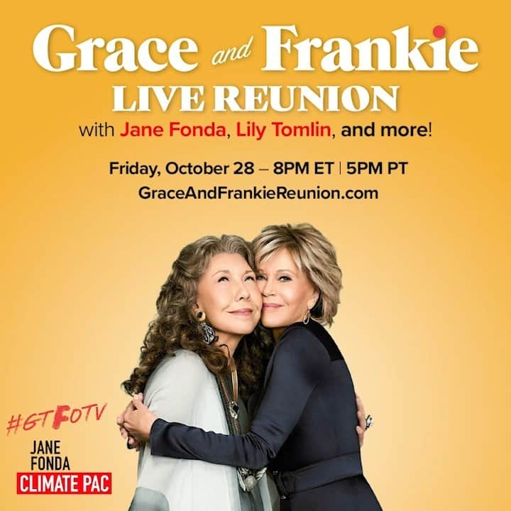 ジェーン・フォンダのインスタグラム：「The Grace and Frankie family will be back together virtually on October 28th at 8PM ET/5PM PT. The cast (and some special guests!) are doing an online table read to support the @janefondaclimatepac and their efforts to elect climate champions up and down the ballot in the November 8 Election! #GTFOTV」